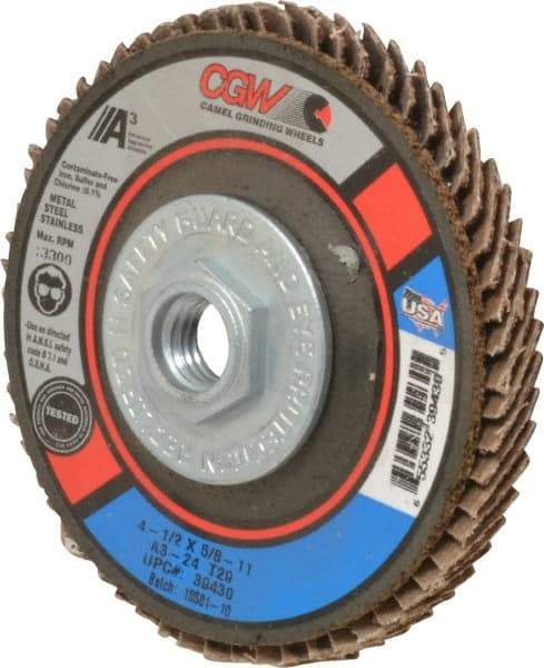 Camel Grinding Wheels - 24 Grit, 4-1/2" Disc Diam, 5/8-11 Center Hole, Type 29 Aluminum Oxide Flap Disc - 13,300 Max RPM, Polyester Backing, Arbor Attaching System, Coated - Americas Industrial Supply