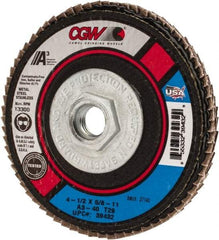 Camel Grinding Wheels - 40 Grit, 4-1/2" Disc Diam, 5/8-11 Center Hole, Type 29 Aluminum Oxide Flap Disc - 13,300 Max RPM, Polyester Backing, Arbor Attaching System, Coated - Americas Industrial Supply