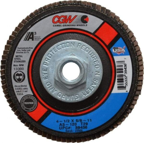 Camel Grinding Wheels - 120 Grit, 4-1/2" Disc Diam, 5/8-11 Center Hole, Type 29 Aluminum Oxide Flap Disc - 13,300 Max RPM, Polyester Backing, Arbor Attaching System, Coated - Americas Industrial Supply