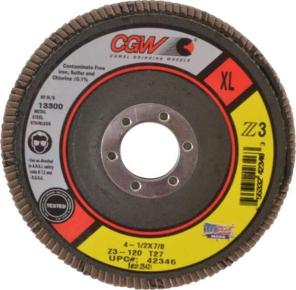 Camel Grinding Wheels - 120 Grit, 4-1/2" Disc Diam, 7/8" Center Hole, Type 27 Zirconia Alumina Flap Disc - 13,300 Max RPM, Poly Cotton Backing, Arbor Attaching System, Coated - Americas Industrial Supply