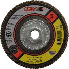 Camel Grinding Wheels - 40 Grit, 4-1/2" Disc Diam, 5/8-11 Center Hole, Type 27 Zirconia Alumina Flap Disc - 13,300 Max RPM, Poly Cotton Backing, Arbor Attaching System, Coated - Americas Industrial Supply