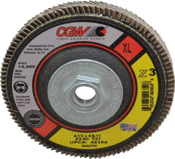 Camel Grinding Wheels - 60 Grit, 4-1/2" Disc Diam, 5/8-11 Center Hole, Type 27 Zirconia Alumina Flap Disc - 13,300 Max RPM, Poly Cotton Backing, Arbor Attaching System, Coated - Americas Industrial Supply
