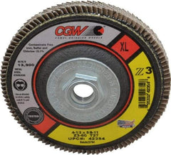 Camel Grinding Wheels - 60 Grit, 4-1/2" Disc Diam, 5/8-11 Center Hole, Type 27 Zirconia Alumina Flap Disc - 13,300 Max RPM, Poly Cotton Backing, Arbor Attaching System, Coated - Americas Industrial Supply