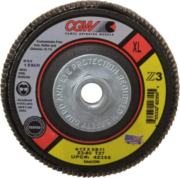 Camel Grinding Wheels - 80 Grit, 4-1/2" Disc Diam, 5/8-11 Center Hole, Type 27 Zirconia Alumina Flap Disc - 13,300 Max RPM, Poly Cotton Backing, Arbor Attaching System, Coated - Americas Industrial Supply