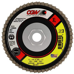 Camel Grinding Wheels - 120 Grit, 4-1/2" Disc Diam, 5/8-11 Center Hole, Type 27 Zirconia Alumina Flap Disc - 13,300 Max RPM, Poly Cotton Backing, Arbor Attaching System, Coated - Americas Industrial Supply