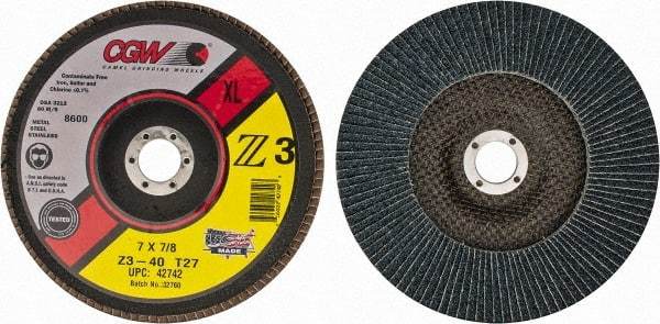 Camel Grinding Wheels - 40 Grit, 7" Disc Diam, 7/8" Center Hole, Type 27 Zirconia Alumina Flap Disc - 8,600 Max RPM, Poly Cotton Backing, Arbor Attaching System, Coated - Americas Industrial Supply