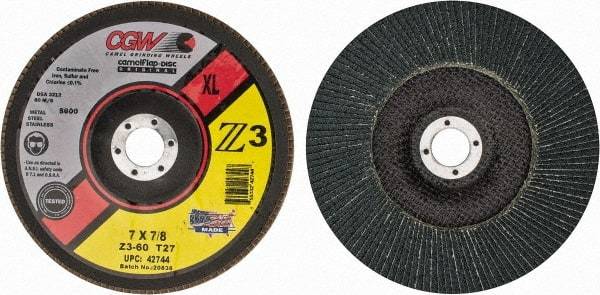 Camel Grinding Wheels - 60 Grit, 7" Disc Diam, 7/8" Center Hole, Type 27 Zirconia Alumina Flap Disc - 8,600 Max RPM, Poly Cotton Backing, Arbor Attaching System, Coated - Americas Industrial Supply