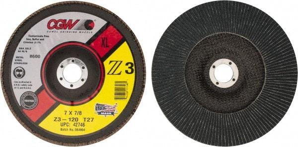 Camel Grinding Wheels - 120 Grit, 7" Disc Diam, 7/8" Center Hole, Type 27 Zirconia Alumina Flap Disc - 8,600 Max RPM, Poly Cotton Backing, Arbor Attaching System, Coated - Americas Industrial Supply