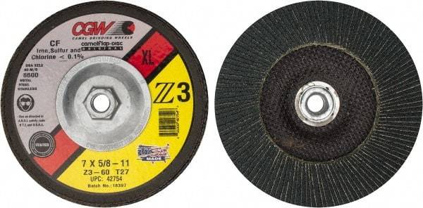 Camel Grinding Wheels - 60 Grit, 7" Disc Diam, 5/8-11 Center Hole, Type 27 Zirconia Alumina Flap Disc - 8,600 Max RPM, Poly Cotton Backing, Arbor Attaching System, Coated - Americas Industrial Supply