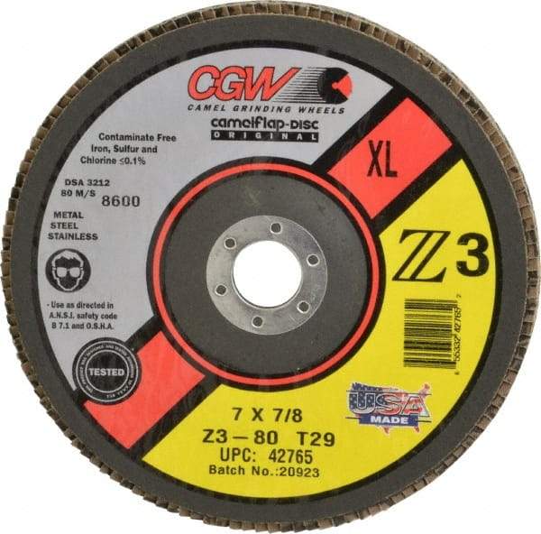 Camel Grinding Wheels - 80 Grit, 7" Disc Diam, 5/8-11 Center Hole, Type 29 Zirconia Alumina Flap Disc - 8,600 Max RPM, Poly Cotton Backing, Arbor Attaching System, Coated - Americas Industrial Supply