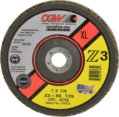 Camel Grinding Wheels - 80 Grit, 7" Disc Diam, 5/8-11 Center Hole, Type 29 Zirconia Alumina Flap Disc - 8,600 Max RPM, Poly Cotton Backing, Arbor Attaching System, Coated - Americas Industrial Supply