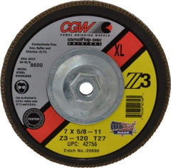 Camel Grinding Wheels - 120 Grit, 7" Disc Diam, 5/8-11 Center Hole, Type 27 Zirconia Alumina Flap Disc - 8,600 Max RPM, Poly Cotton Backing, Arbor Attaching System, Coated - Americas Industrial Supply
