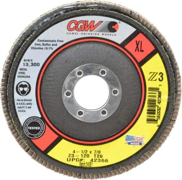 Camel Grinding Wheels - 120 Grit, 4-1/2" Disc Diam, 7/8" Center Hole, Type 29 Zirconia Alumina Flap Disc - 13,300 Max RPM, Poly Cotton Backing, Arbor Attaching System, Coated - Americas Industrial Supply