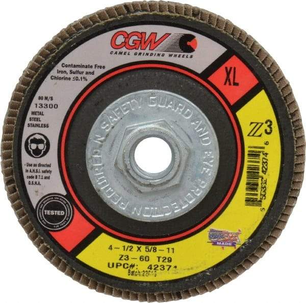 Camel Grinding Wheels - 60 Grit, 4-1/2" Disc Diam, 5/8-11 Center Hole, Type 29 Zirconia Alumina Flap Disc - 13,300 Max RPM, Poly Cotton Backing, Arbor Attaching System, Coated - Americas Industrial Supply