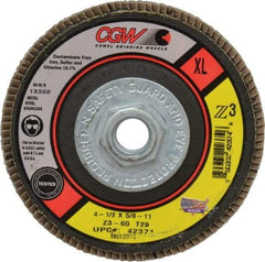 Camel Grinding Wheels - 60 Grit, 4-1/2" Disc Diam, 5/8-11 Center Hole, Type 29 Zirconia Alumina Flap Disc - 13,300 Max RPM, Poly Cotton Backing, Arbor Attaching System, Coated - Americas Industrial Supply