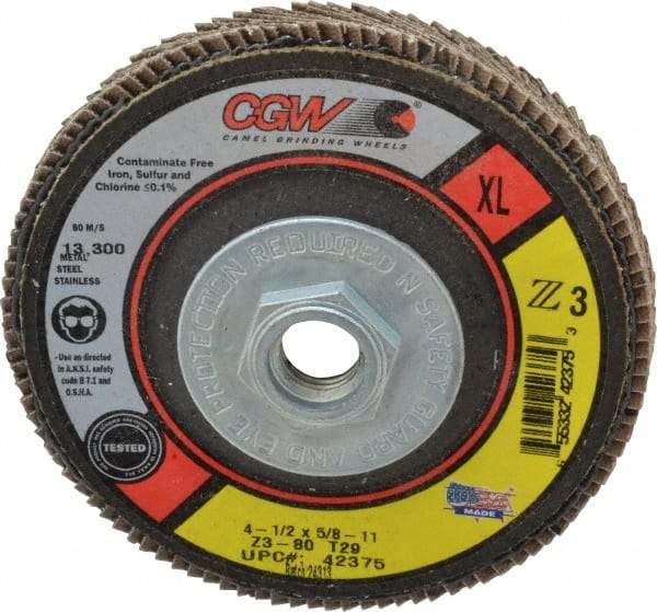 Camel Grinding Wheels - 80 Grit, 4-1/2" Disc Diam, 5/8-11 Center Hole, Type 29 Zirconia Alumina Flap Disc - 13,300 Max RPM, Poly Cotton Backing, Arbor Attaching System, Coated - Americas Industrial Supply
