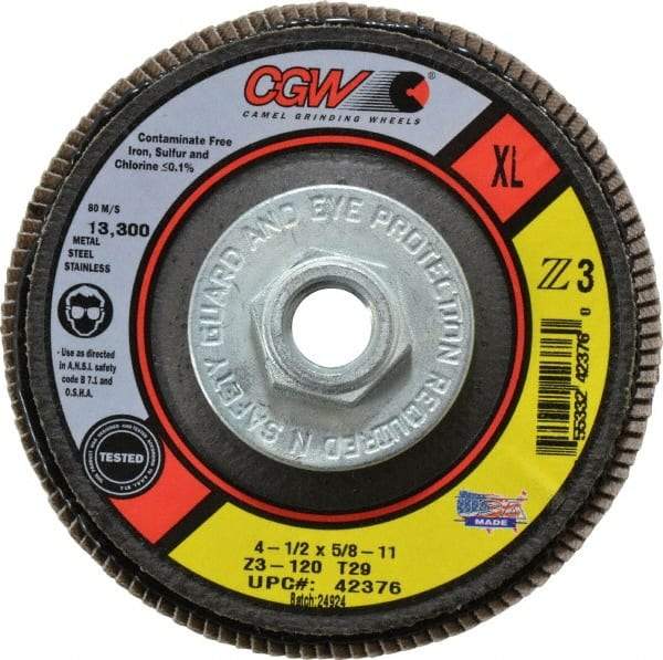 Camel Grinding Wheels - 120 Grit, 4-1/2" Disc Diam, 5/8-11 Center Hole, Type 29 Zirconia Alumina Flap Disc - 13,300 Max RPM, Poly Cotton Backing, Arbor Attaching System, Coated - Americas Industrial Supply