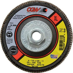 Camel Grinding Wheels - 120 Grit, 4-1/2" Disc Diam, 5/8-11 Center Hole, Type 29 Zirconia Alumina Flap Disc - 13,300 Max RPM, Poly Cotton Backing, Arbor Attaching System, Coated - Americas Industrial Supply