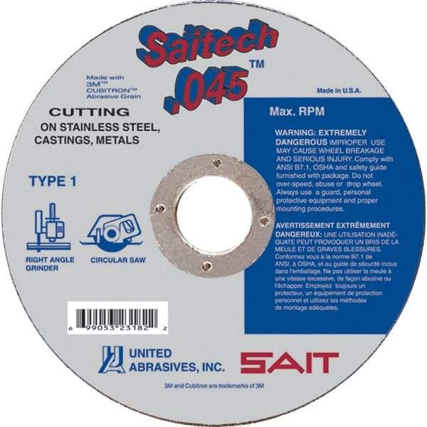 Sait - 6" Ceramic Cutoff Wheel - 0.045" Thick, 7/8" Arbor, 10,200 Max RPM, Use with Angle Grinders - Americas Industrial Supply