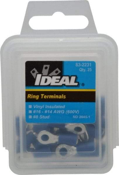 Ideal - 16-14 AWG Partially Insulated Crimp Connection Circular Ring Terminal - #8 Stud, 0.858" OAL x 0.394" Wide, Tin Plated Brass Contact - Americas Industrial Supply