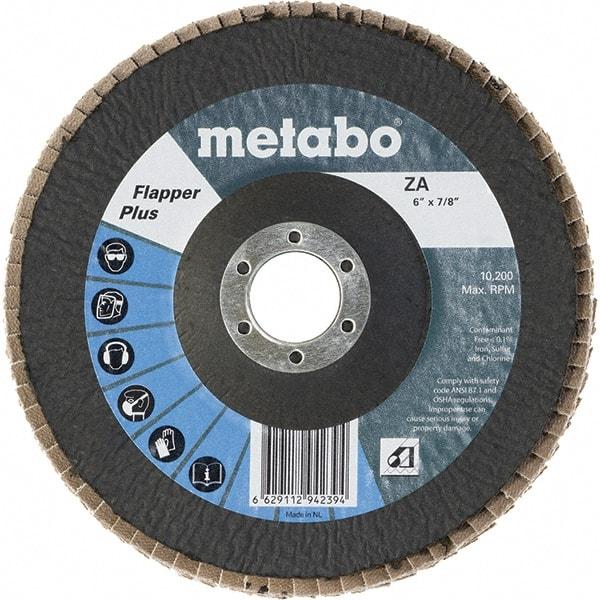 Metabo - 40 Grit, 6" Disc Diam, 7/8" Center Hole, Type 29 Zirconia Alumina Flap Disc - 10,200 Max RPM, Fiberglass Backing, Arbor Attaching System, Coated - Americas Industrial Supply