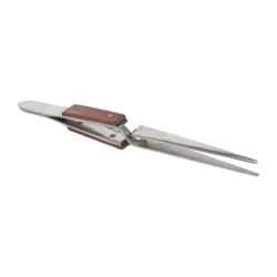 Value Collection - 6-1/2" OAL Stainless Steel Assembly Tweezers - Cross Locking Tweezer with Heat Insulating Fiber Grips, Straight Point - Americas Industrial Supply