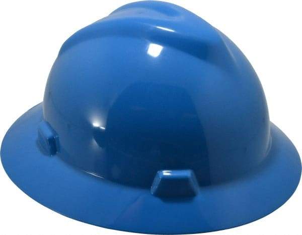 MSA - ANSI Type I, Class E Rated, 8-Point, Pin Lock Adjustment Hard Hat - Size 6-1/2 to 8, Blue, Full Brim - Americas Industrial Supply