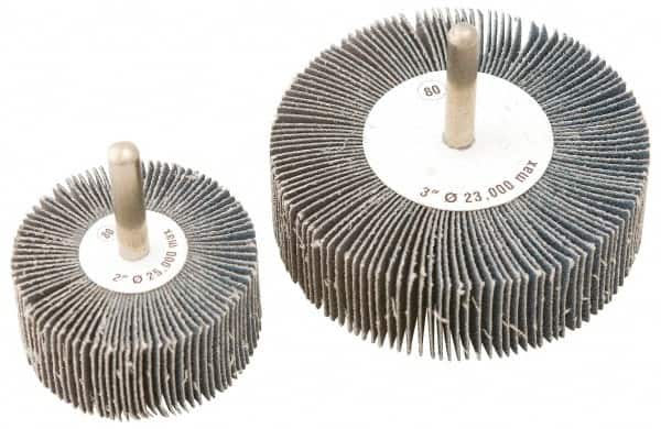 Camel Grinding Wheels - 3" Diam x 1" Face Width, Medium Zirconia Alumina Coated Mounted Flap Wheel - 1/4" Shank Mount, 60 Grit, Cloth Backing, 20,000 Max RPM - Americas Industrial Supply