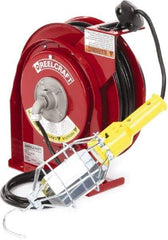 Reelcraft - 16 AWG, 50' Cable Length, Cord & Cable Reel with Incandescent Hand Lamp End - 1 Outlet, NEMA 5-15R, 13 Amps, 125 Volts, SJTOW Cable, Red Reel - Americas Industrial Supply