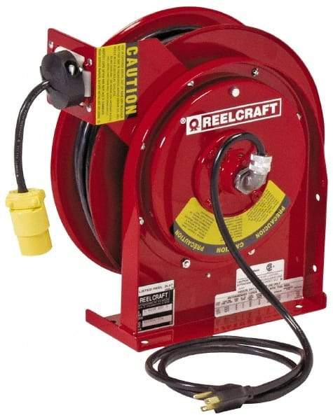 Reelcraft - 12 AWG, 45' Cable Length, Cord & Cable Reel with Outlet End - 1 Outlet, NEMA 5-15R, 15 Amps, 125 Volts, SJEOOW Cable, Red Reel - Americas Industrial Supply