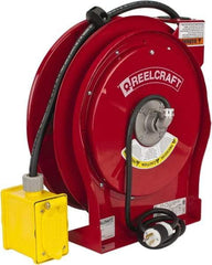 Reelcraft - 12 AWG, 50' Cable Length, Cord & Cable Reel with Duplex GFCI Outlet Box End - 2 Outlets, NEMA 5-15R, 15 Amps, 125 Volts, SEOOW Cable, Red Reel - Americas Industrial Supply