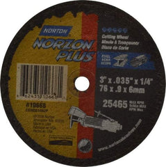 Norton - 3" Ceramic Cutoff Wheel - 0.035" Thick, 1/4" Arbor, 25,465 Max RPM, Use with Die Grinders - Americas Industrial Supply