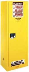 Justrite - 1 Door, 3 Shelf, Yellow Steel Space Saver Safety Cabinet for Flammable and Combustible Liquids - 65" High x 23-1/4" Wide x 18" Deep, Manual Closing Door, 22 Gal Capacity - Americas Industrial Supply