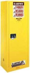 Justrite - 1 Door, 3 Shelf, Yellow Steel Space Saver Safety Cabinet for Flammable and Combustible Liquids - 65" High x 23-1/4" Wide x 18" Deep, Manual Closing Door, 22 Gal Capacity - Americas Industrial Supply
