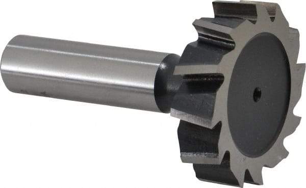 Interstate - 1-1/2" Diam x 3/8" Face Width, High Speed Steel, 16 Teeth, Shank Connection Woodruff Keyseat Cutter - Uncoated, 2-3/8" OAL x 1/2" Shank, Staggered Teeth, ANSI 1212, Old Standard G - Americas Industrial Supply