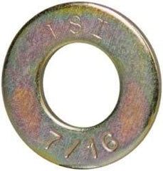 Made in USA - 7/16" Screw, Grade 8 Alloy Steel SAE Flat Washer - 15/32" ID x 59/64" OD, 0.072" Thick, Zinc Yellow Dichromate Finish - Americas Industrial Supply