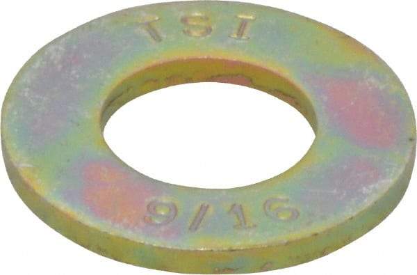 Made in USA - 9/16" Screw, Grade 8 Alloy Steel SAE Flat Washer - 19/32" ID x 1-3/16" OD, 0.121" Thick, Zinc Yellow Dichromate Finish - Americas Industrial Supply