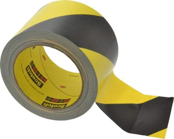 3M - Black & Yellow Striped Vinyl Tape - 3" Wide x 5.4 mil Thick, General Traffic - Americas Industrial Supply