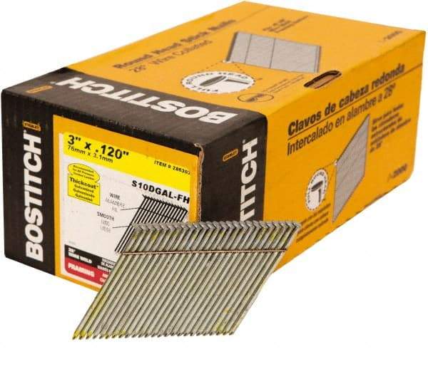Stanley Bostitch - 11 Gauge 0.12" Shank Diam 3" Long Framing Nails for Power Nailers - Steel, Galvanized Finish, Smooth Shank, Angled Stick Wire Collation, Round Head, Diamond Point - Americas Industrial Supply