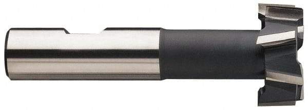 Made in USA - 1-27/32" Cut Diam, 53/64" Cut Width, 1-1/32" Neck Diam, 1-1/4" Shank Diam, 4-13/16" OAL, High Speed Steel T-Slot Cutter - TiN Finish, 1" Bolt, 2-5/16" Shank Length, Staggered Teeth, 10 Teeth, Weldon Flat - Americas Industrial Supply