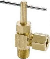 Parker - 3/8 x 1/4" Pipe, Angled Needle Valve - Compression x MNPTF Ends, Brass Valve, 150 Max psi - Americas Industrial Supply