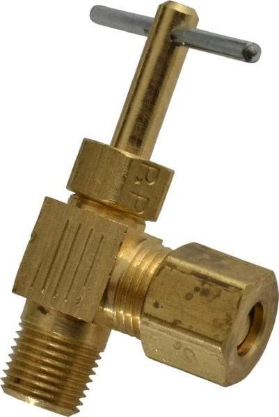 Parker - 1/4 x 1/8" Pipe, Angled Needle Valve - Compression x MNPTF Ends, Brass Valve, 150 Max psi - Americas Industrial Supply