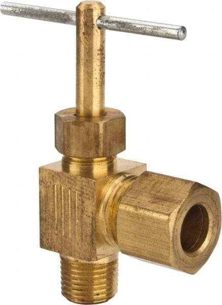 Parker - 5/16 x 1/8" Pipe, Angled Needle Valve - Compression x MNPTF Ends, Brass Valve, 150 Max psi - Americas Industrial Supply