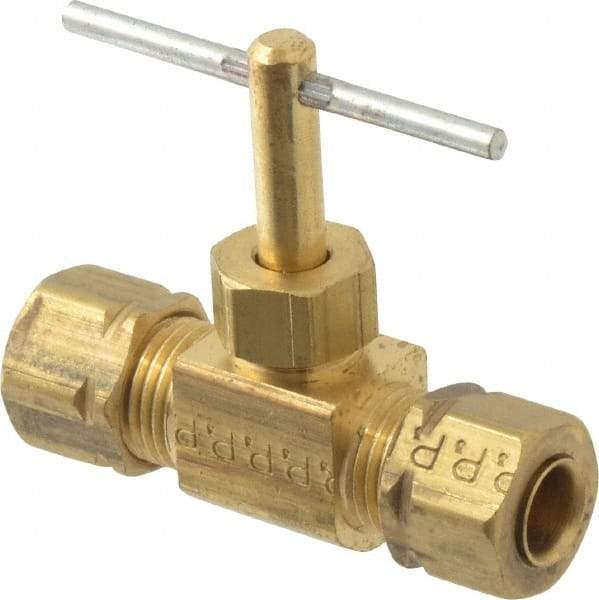 Parker - 1/4" Pipe, Inline Needle Valve - Compression x Compression Ends, Brass Valve, 150 Max psi - Americas Industrial Supply