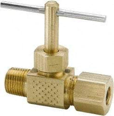 Parker - 3/8 x 1/4" Pipe, Inline Needle Valve - Compression x MNPTF Ends, Brass Valve, 150 Max psi - Americas Industrial Supply