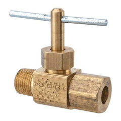 Parker - 1/4 x 1/8" Pipe, Inline Needle Valve - Compression x MNPTF Ends, Brass Valve, 150 Max psi - Americas Industrial Supply