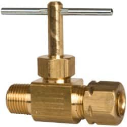 Parker - 1/4 x 1/8" Pipe, Inline Needle Valve - Compression x MNPTF Ends, Brass Valve, 150 Max psi - Americas Industrial Supply