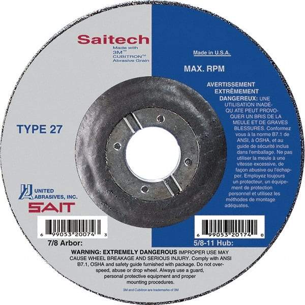 Sait - 4-1/2" Wheel Diam, 3/32" Wheel Thickness, 7/8" Arbor Hole, Type 27 Depressed Center Wheel - Ceramic, Resinoid Bond, 13,300 Max RPM, Compatible with Angle Grinder - Americas Industrial Supply