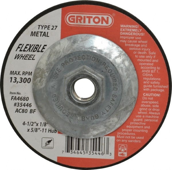 Value Collection - 80 Grit, 4-1/2" Wheel Diam, 1/8" Wheel Thickness, Type 27 Depressed Center Wheel - Americas Industrial Supply