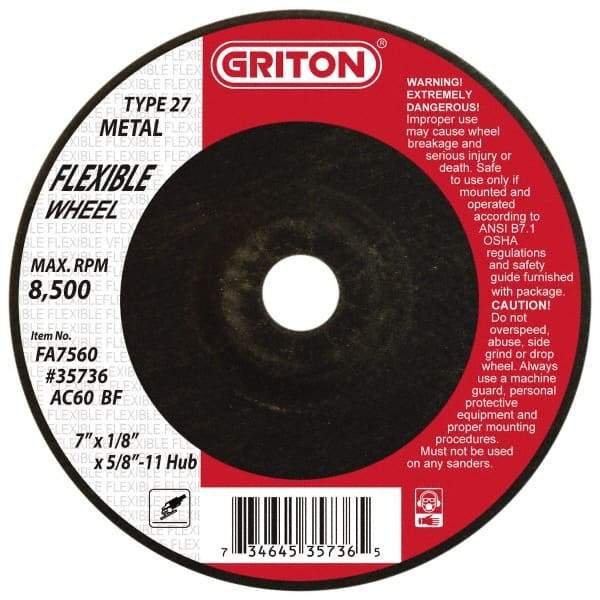 Value Collection - 60 Grit, 7" Wheel Diam, 1/8" Wheel Thickness, Type 27 Depressed Center Wheel - Aluminum Oxide, 8,500 Max RPM - Americas Industrial Supply